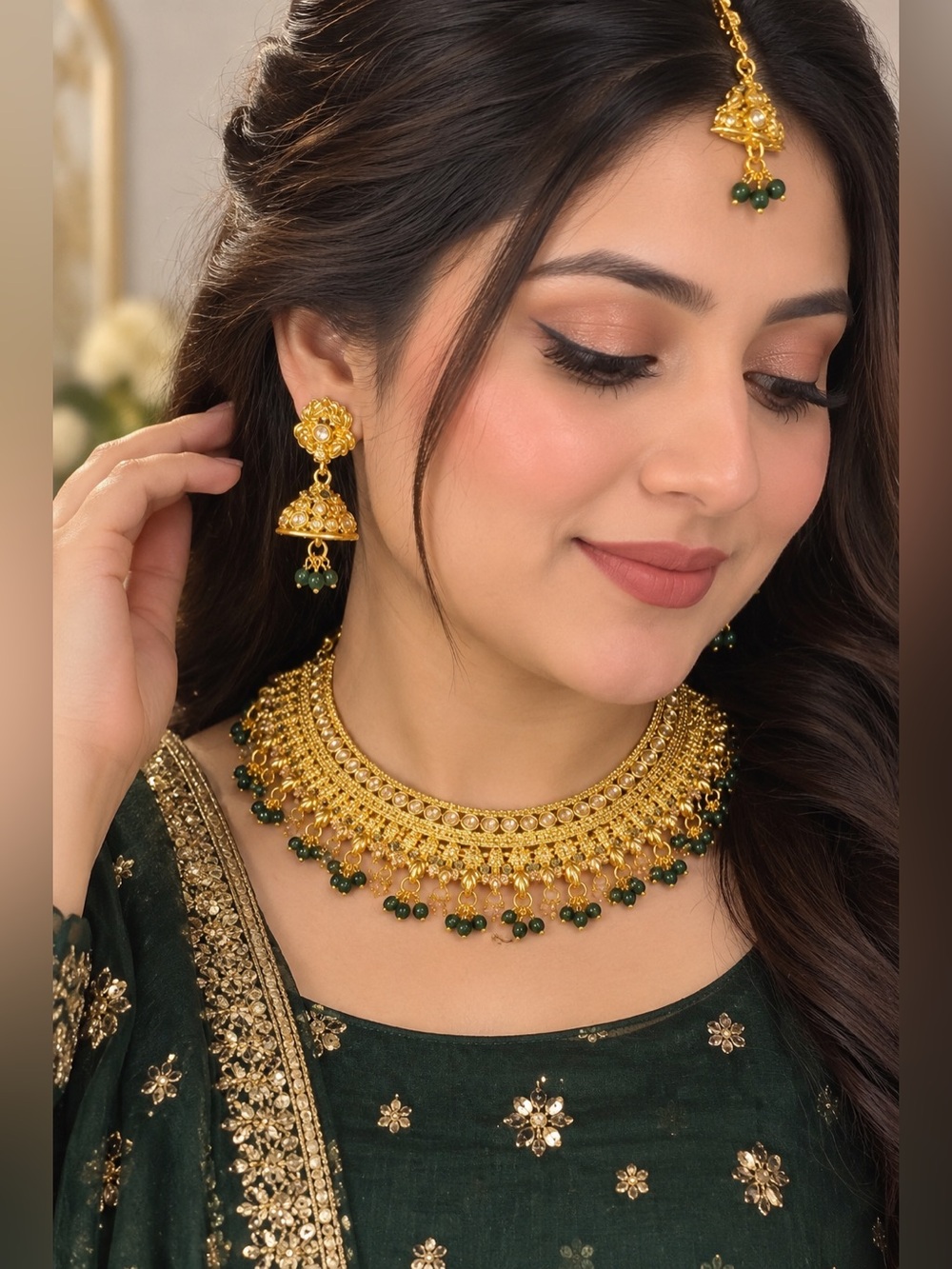 Gold-Tone Green Bead Choker Necklace Set - Women Jewelry